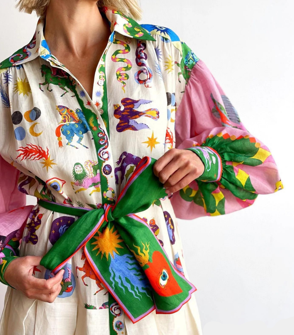 Whimsical Print Puff Sleeve Sash Bow Button Front Maxi Shirt Dress 2