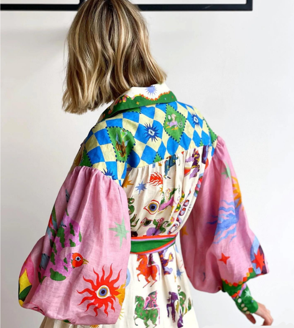 Whimsical Print Puff Sleeve Sash Bow Button Front Maxi Shirt Dress 3