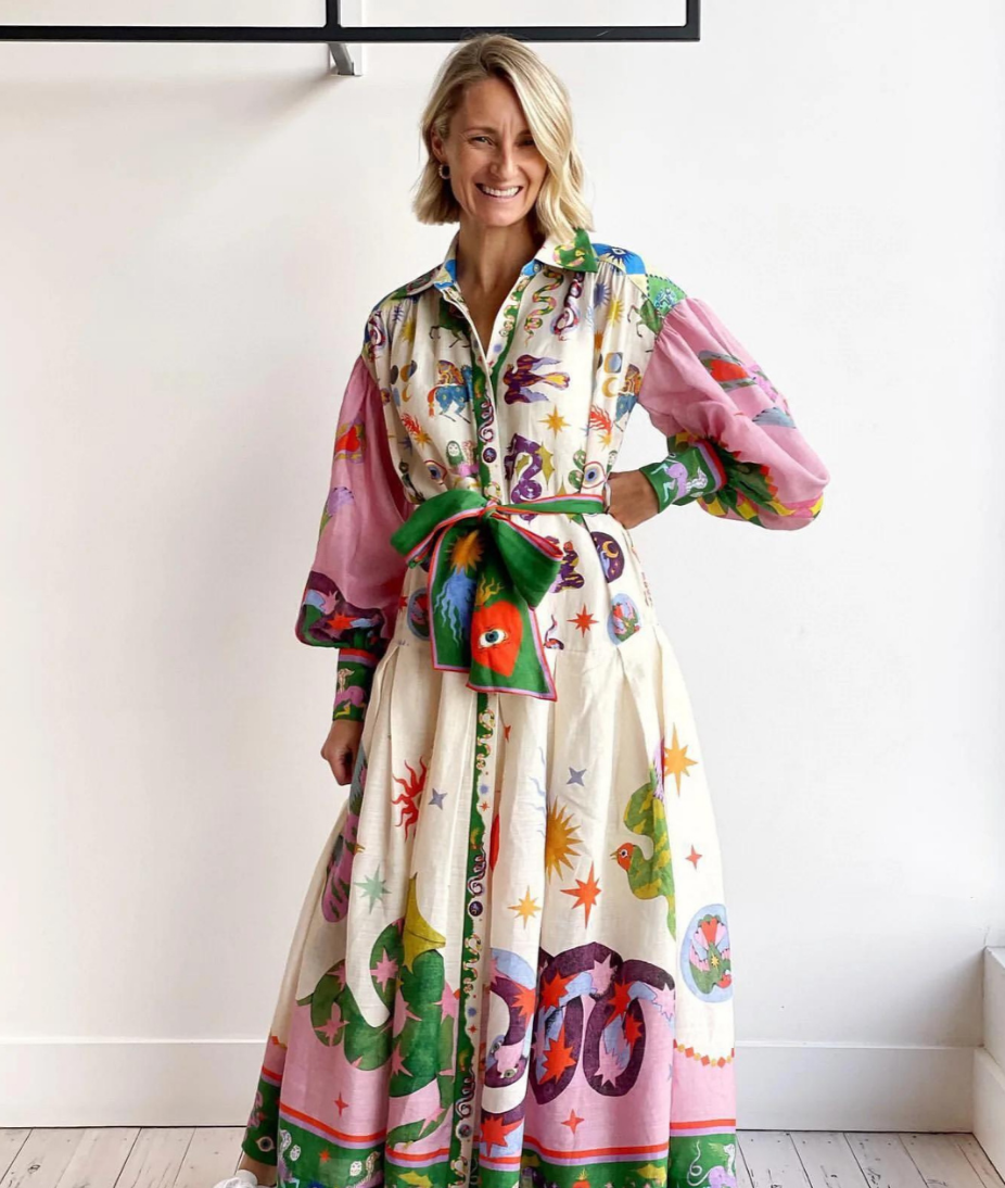 Whimsical Print Puff Sleeve Sash Bow Button Front Maxi Shirt Dress