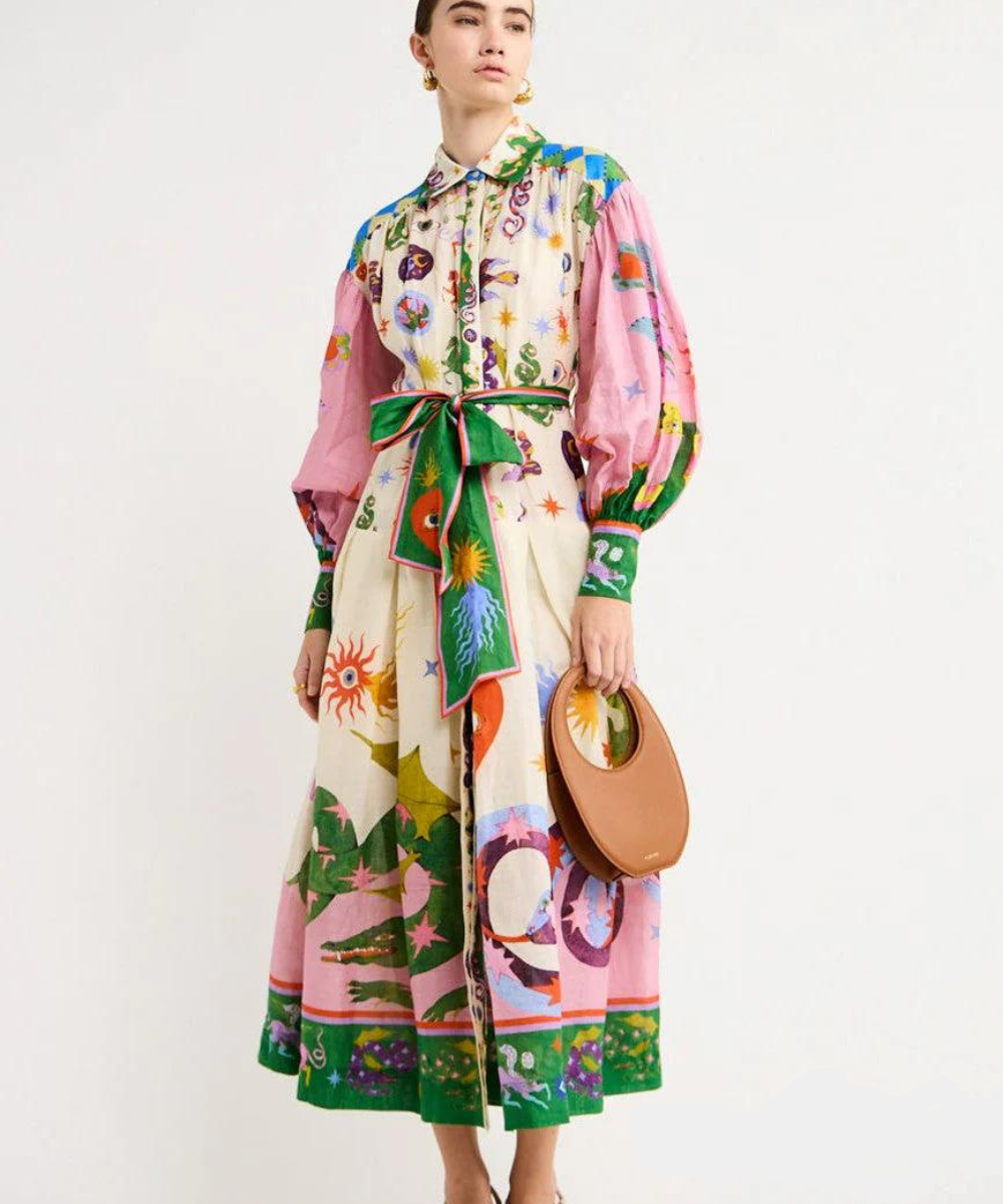 Whimsical Print Puff Sleeve Sash Bow Button Front Maxi Shirt Dress 4