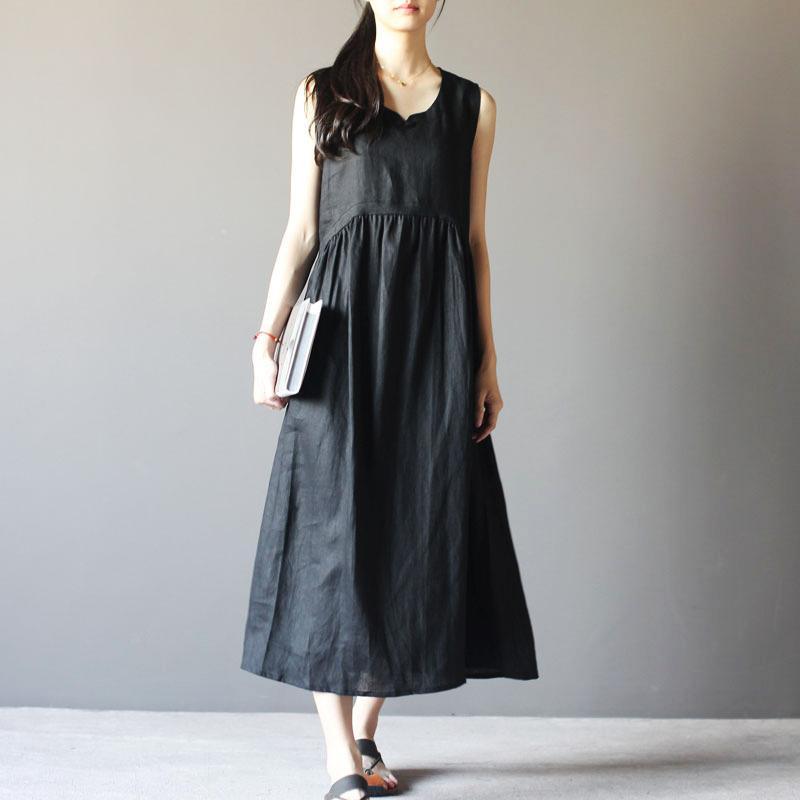 Notched Round Neck Sleeveless Gathered Empire Waist Linen Maxi Dress