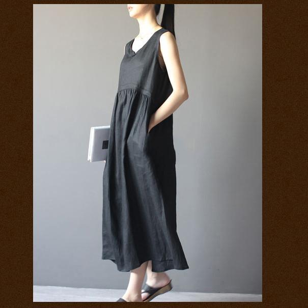 Notched Round Neck Sleeveless Gathered Empire Waist Linen Maxi Dress 2
