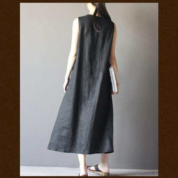 Notched Round Neck Sleeveless Gathered Empire Waist Linen Maxi Dress 3