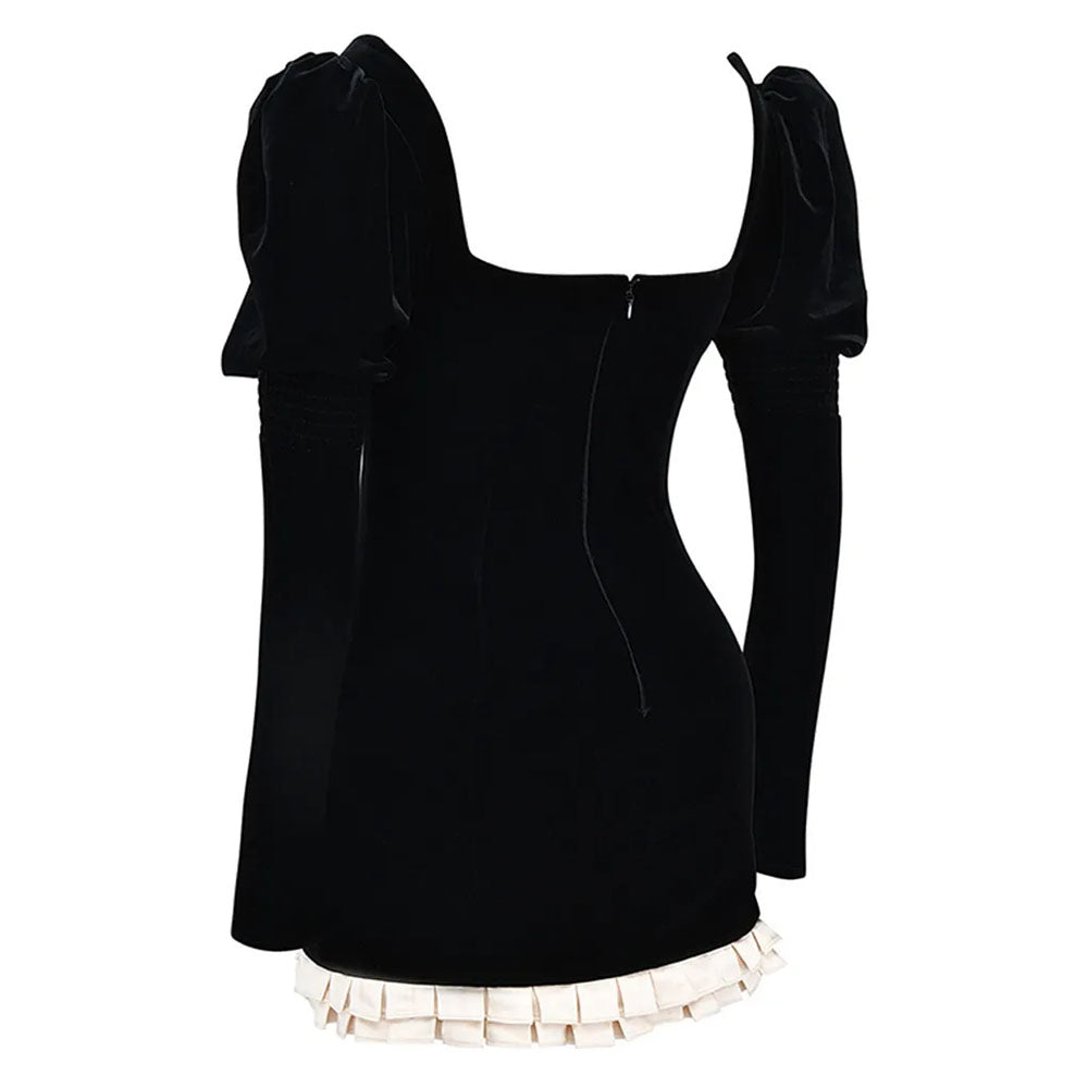 Contrast Panel Puff Shoulder Velvet Button Front Ruffle Hem Mini Dress 2