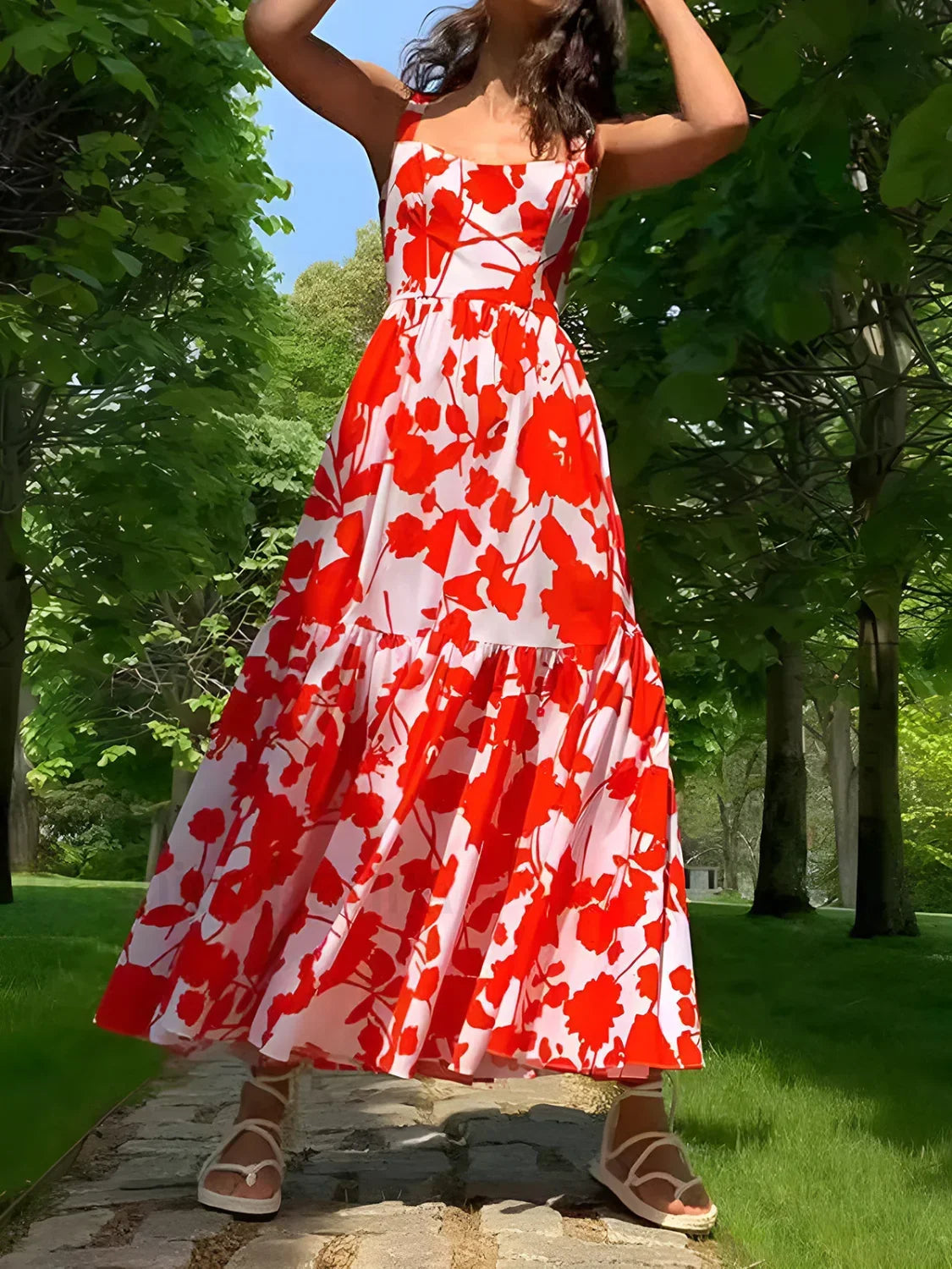 Red Blooming In Floral Print Cami Long Dress 5