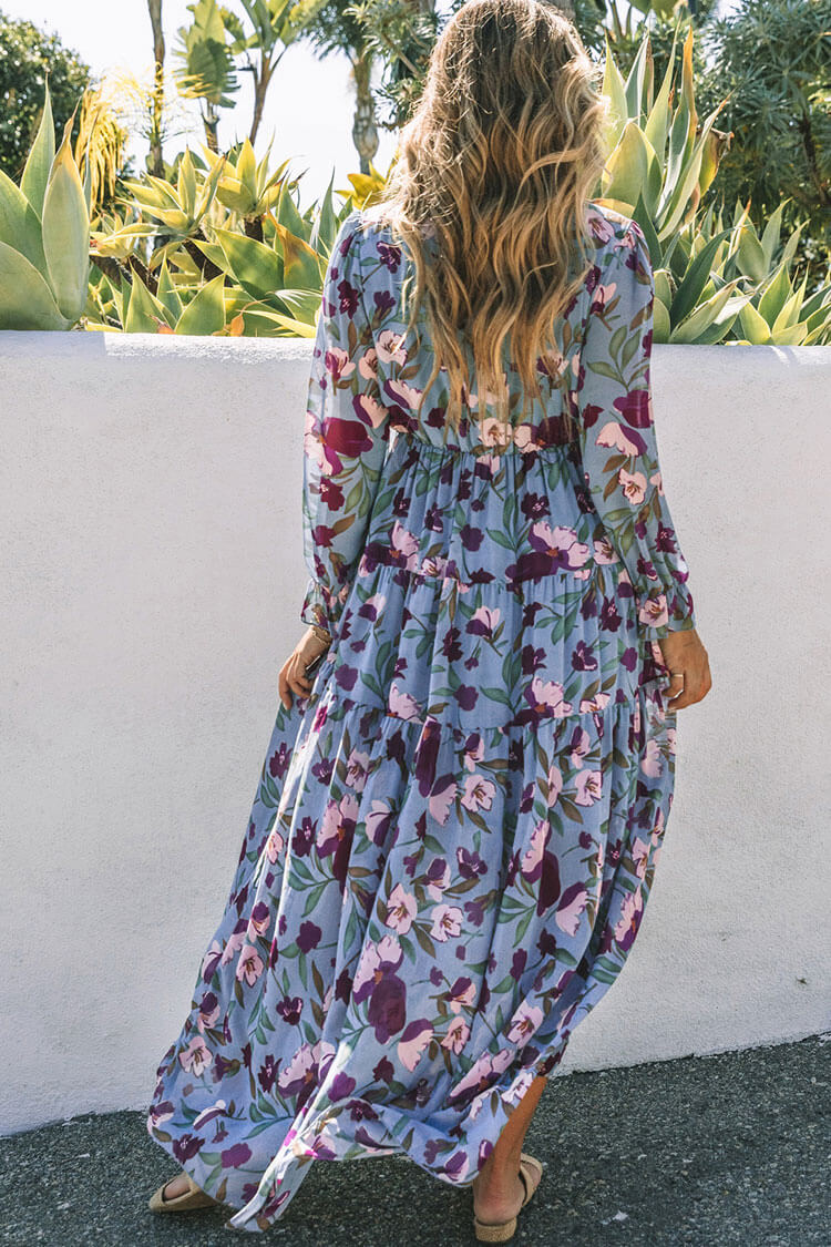 Floral Print Ruffle V Neck Long Sleeve Tiered Empire Waist Maxi Dress 4