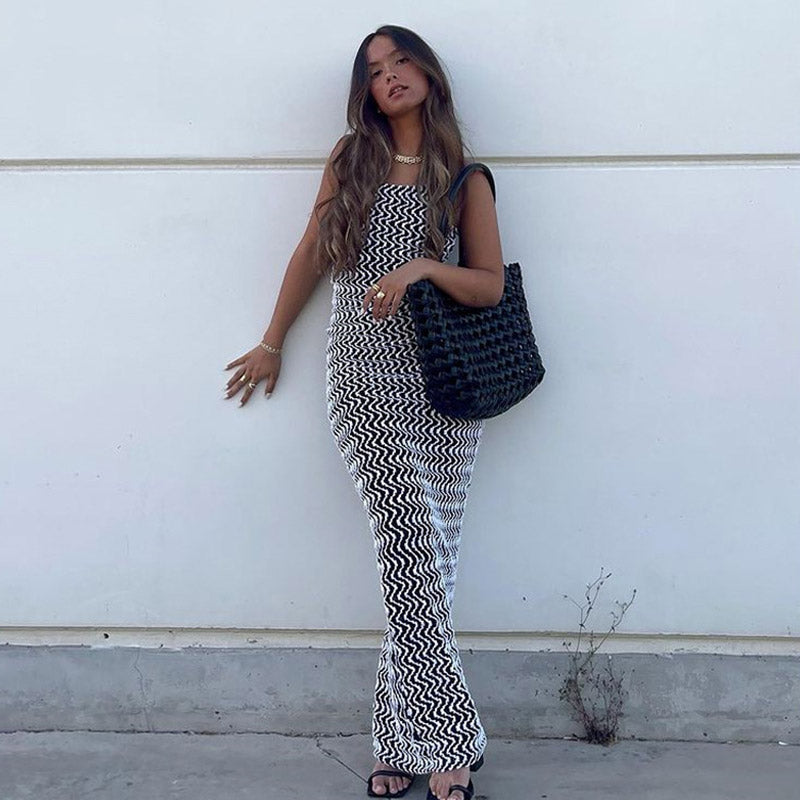 Wavy Zigzag Knit Spaghetti Strap Bodycon Midi Dress 2