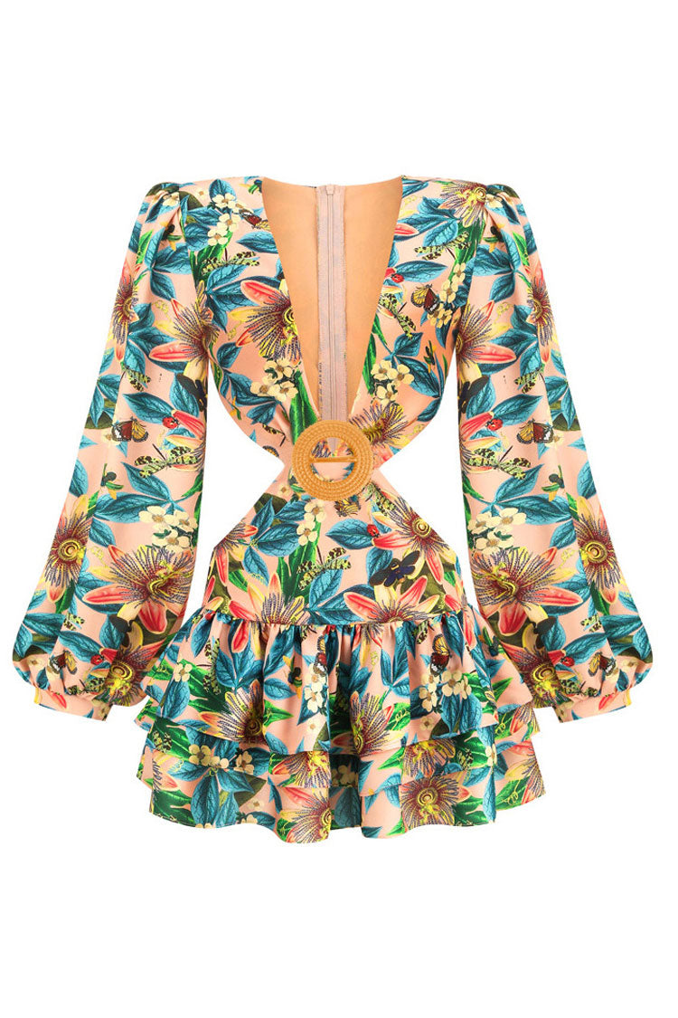 Floral Print Long Sleeve Waist Cut Out Tiered Ruffle Mini Dress 3