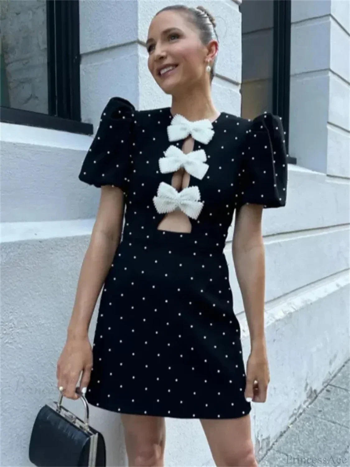 Pearl Embellished Puff Sleeve Crew Neck Stacked Bow Front Cut Out Mini Dress