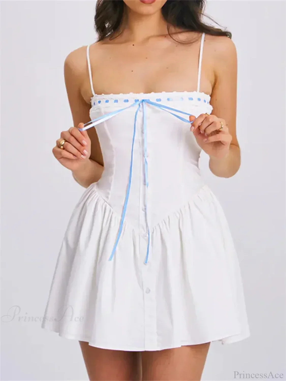 Square Neck Eyelet Lace Ribbon Bow Button Front Drop Waist Fit-and-Flare Mini Dress 2