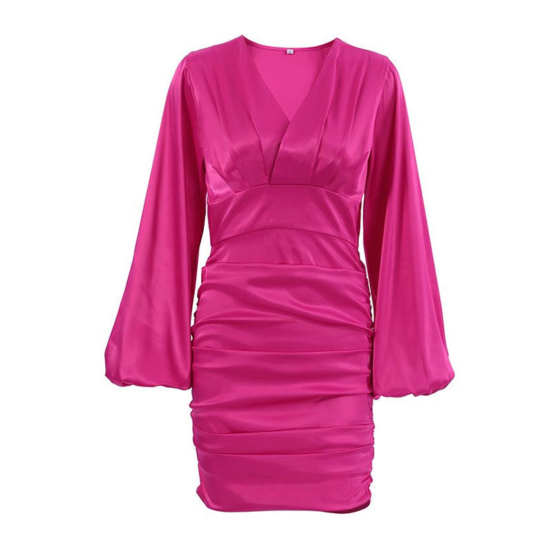 Deep V-Neck Bishop Sleeve Cinched Waist Ruched Satin Mini Dress 4
