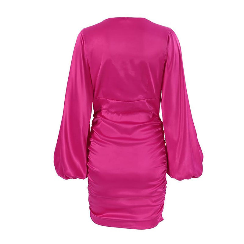 Deep V-Neck Bishop Sleeve Cinched Waist Ruched Satin Mini Dress 5