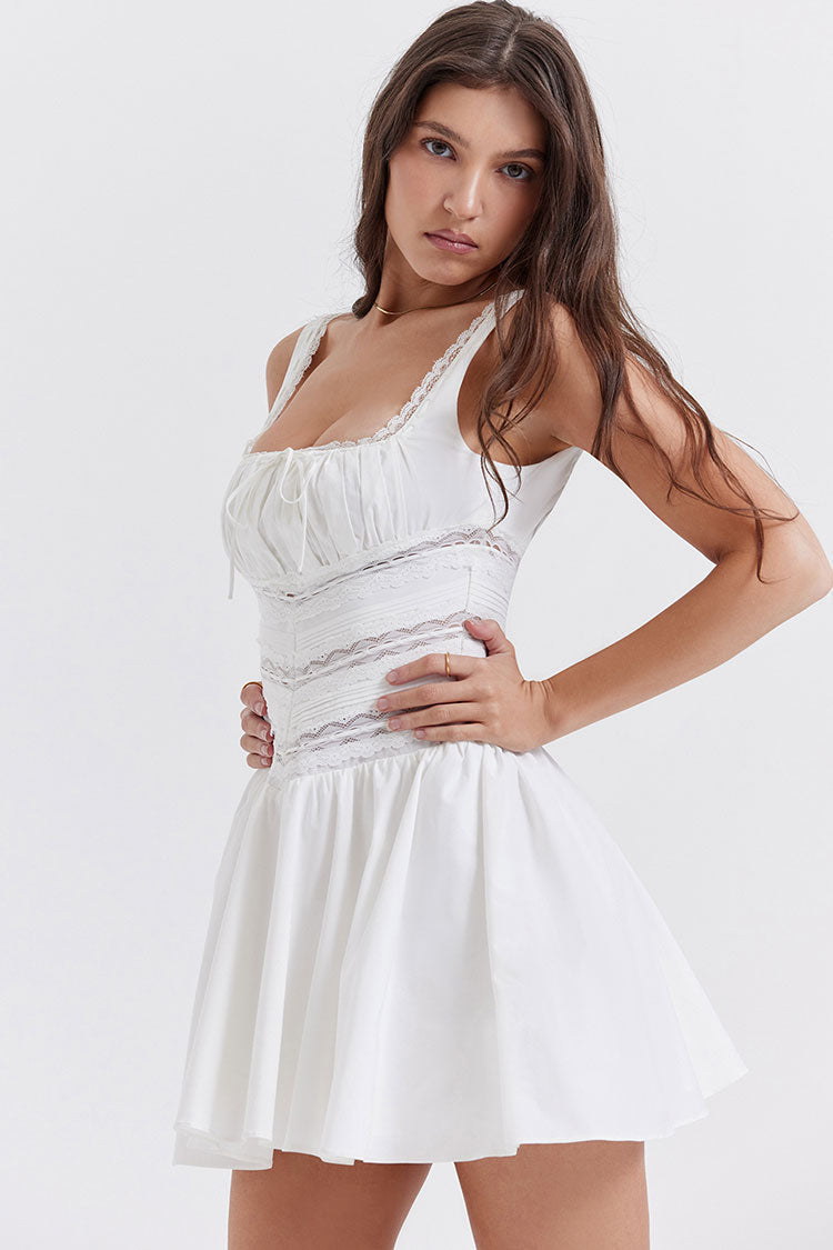 Square Neck Tie Front Ruched Bust Lace Insert Paneled Corset Fit and Flare Mini Dress 3