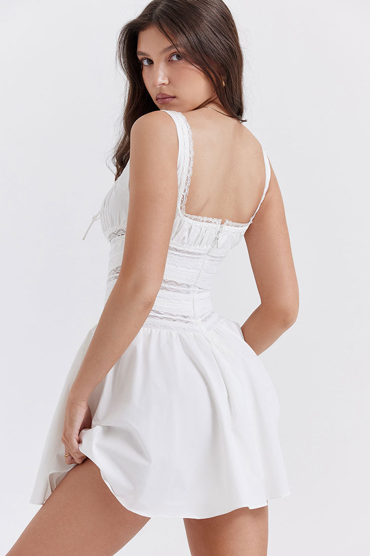 Square Neck Tie Front Ruched Bust Lace Insert Paneled Corset Fit and Flare Mini Dress 4
