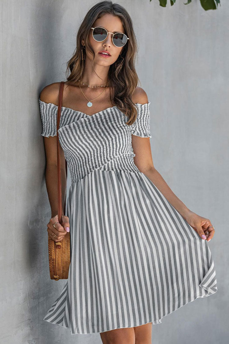 Striped Off Shoulder Smocked Ruffle Sleeve A-Line Mini Dress