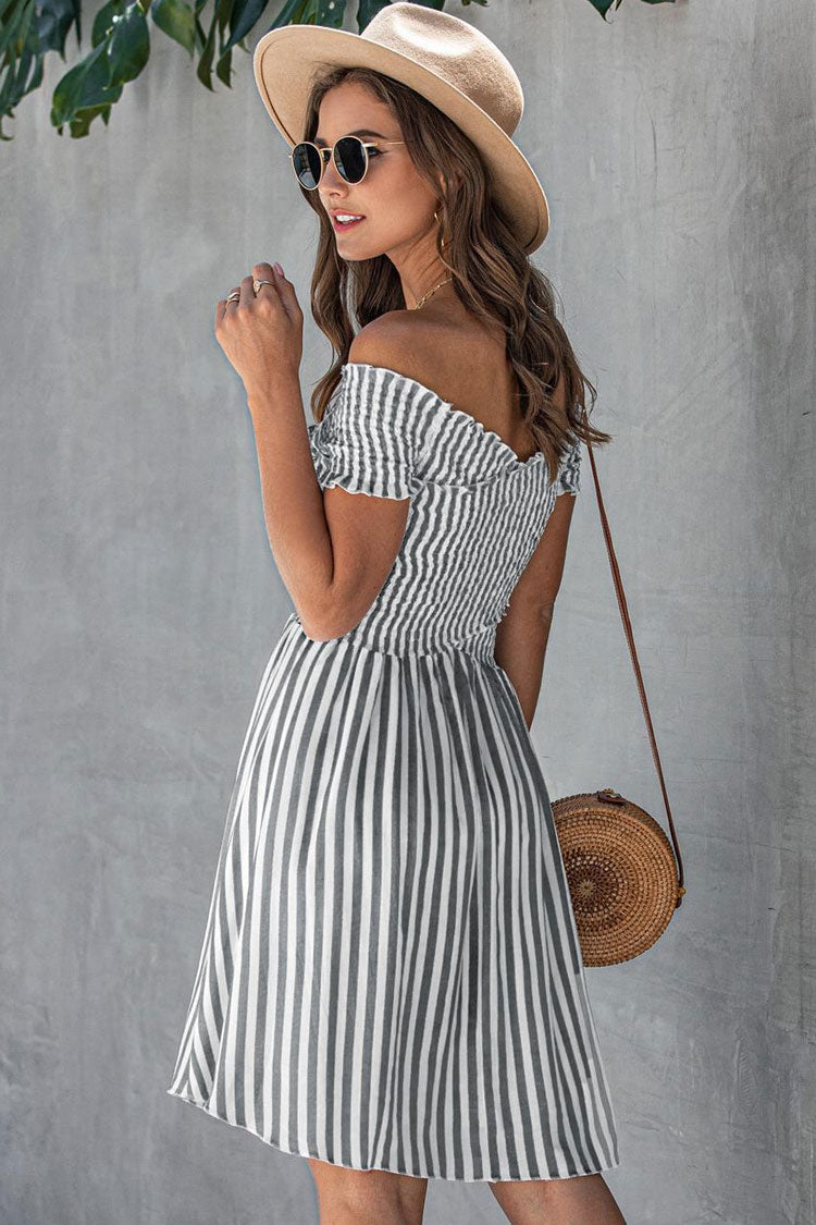 Striped Off Shoulder Smocked Ruffle Sleeve A-Line Mini Dress 2