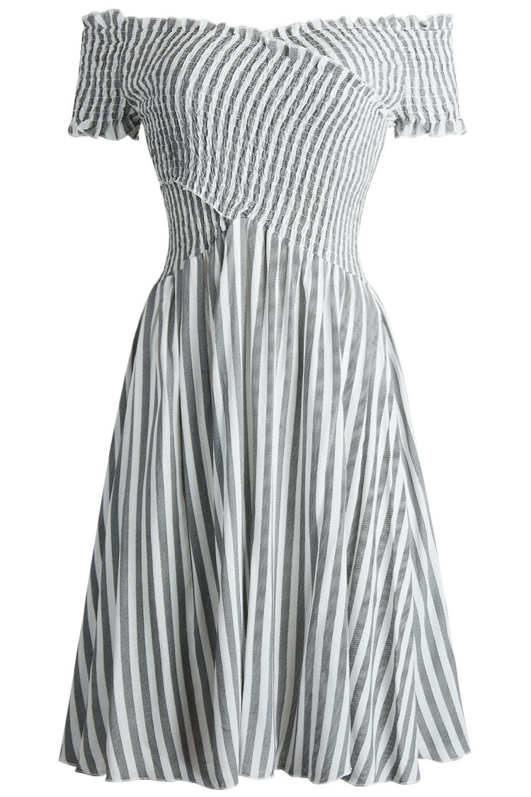 Striped Off Shoulder Smocked Ruffle Sleeve A-Line Mini Dress 3