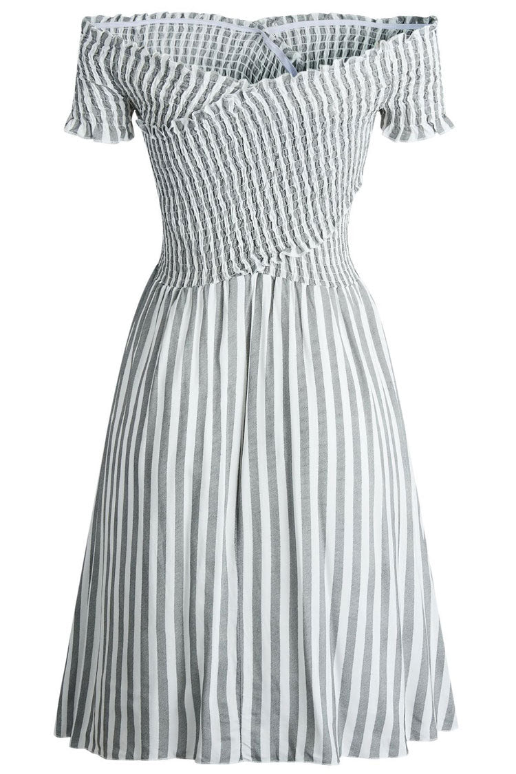 Striped Off Shoulder Smocked Ruffle Sleeve A-Line Mini Dress 4