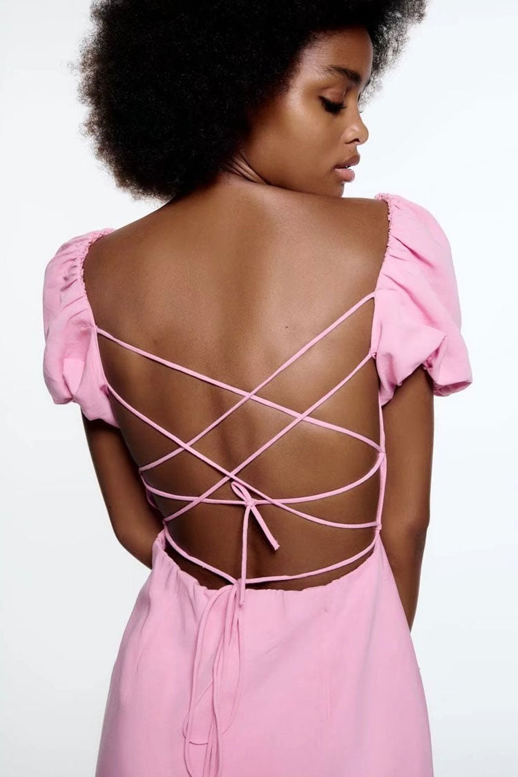 Square Neck Ruched Puff Sleeve Lace-Up Open Back Mini Dress