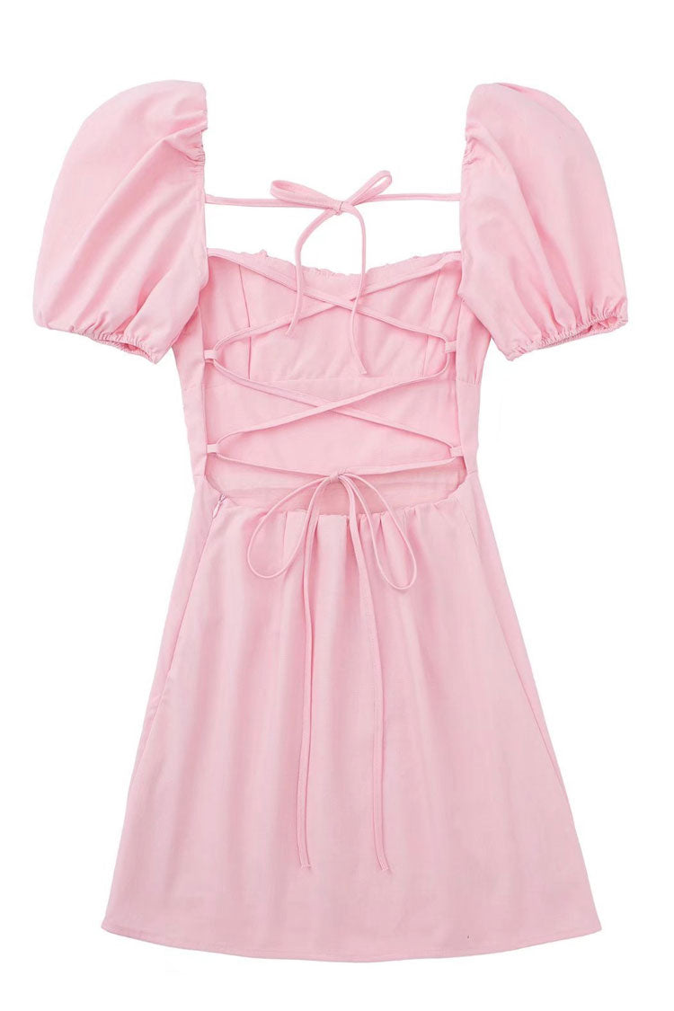 Square Neck Ruched Puff Sleeve Lace-Up Open Back Mini Dress 4