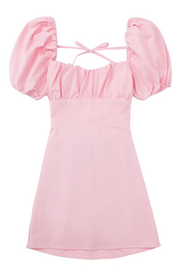 Square Neck Ruched Puff Sleeve Lace-Up Open Back Mini Dress 5