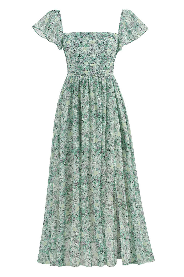 Square Neck Pleated Bust Floral Print Fit and Flare Maxi Dress 3