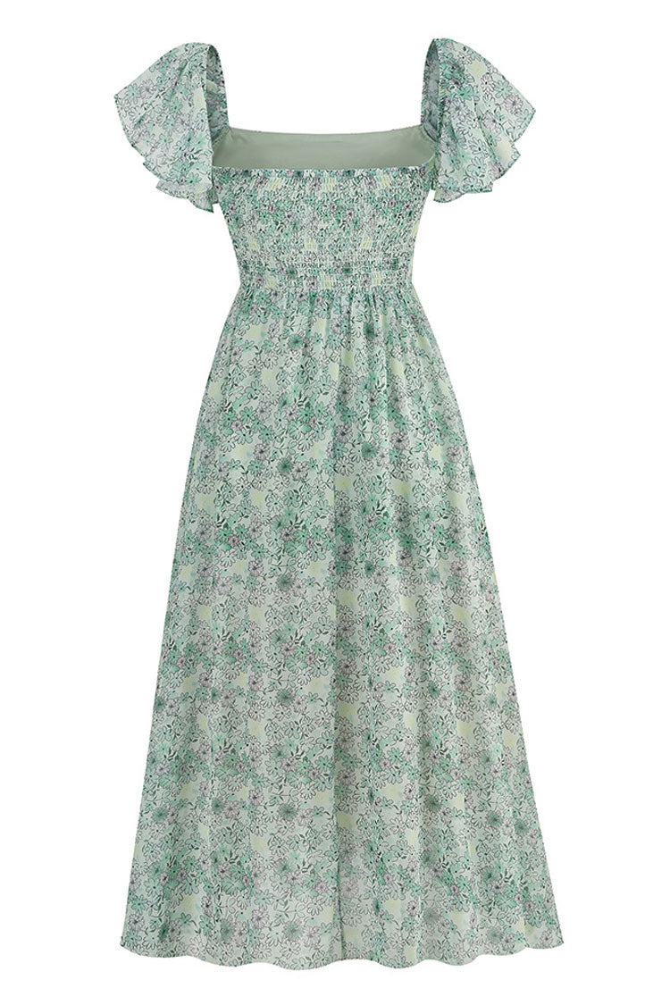 Square Neck Pleated Bust Floral Print Fit and Flare Maxi Dress 4