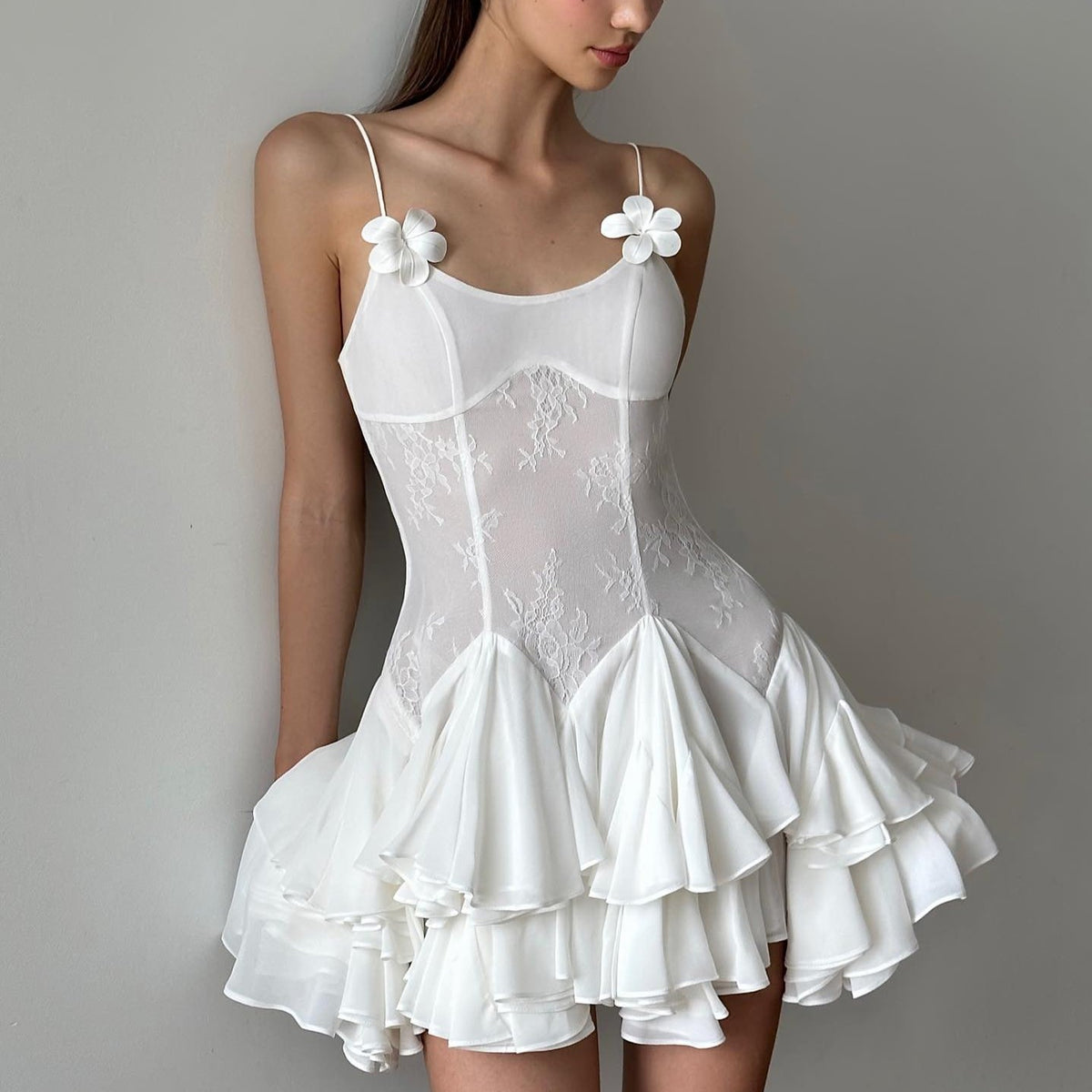 Square Neck Floral Applique Mini Dress 3