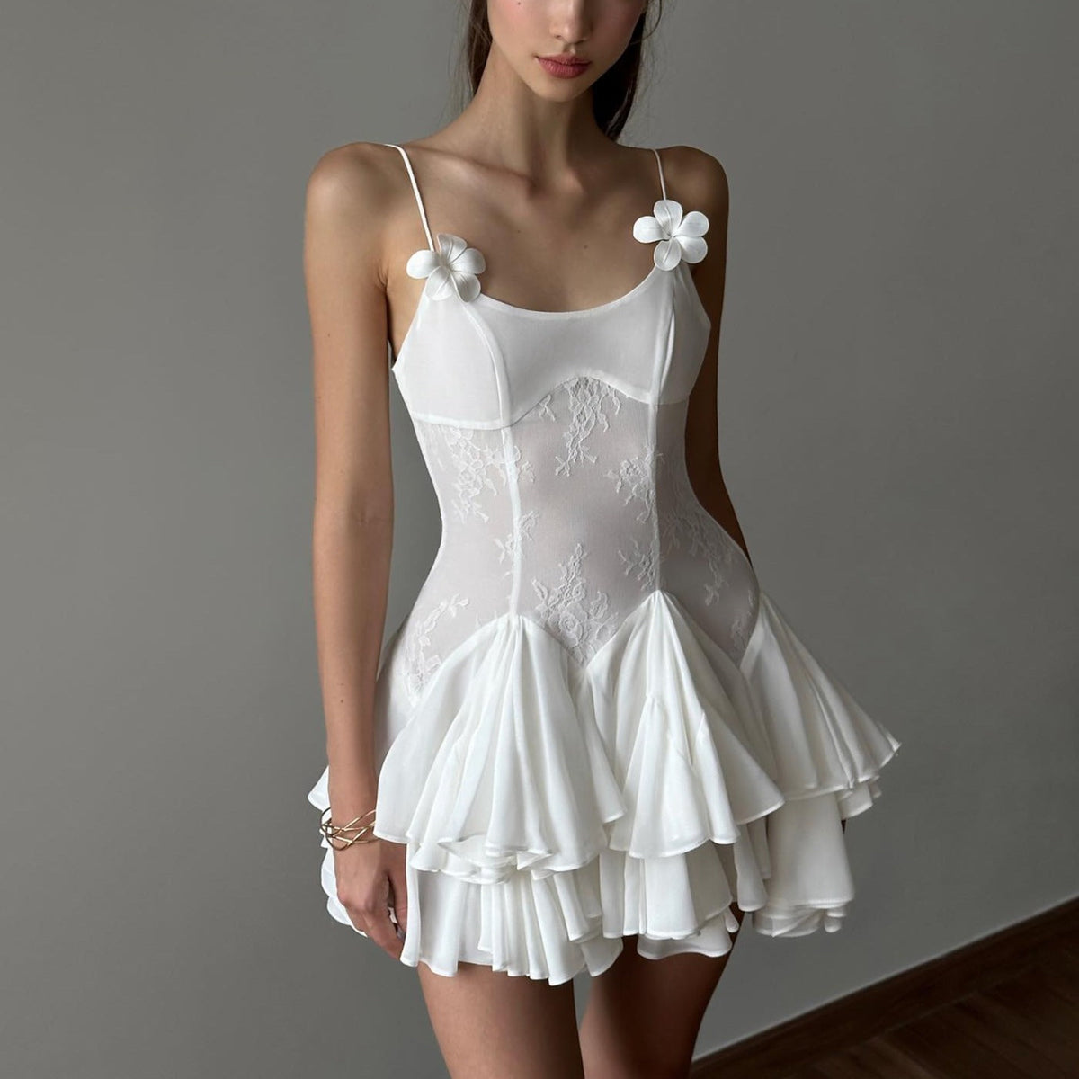 Square Neck Floral Applique Mini Dress