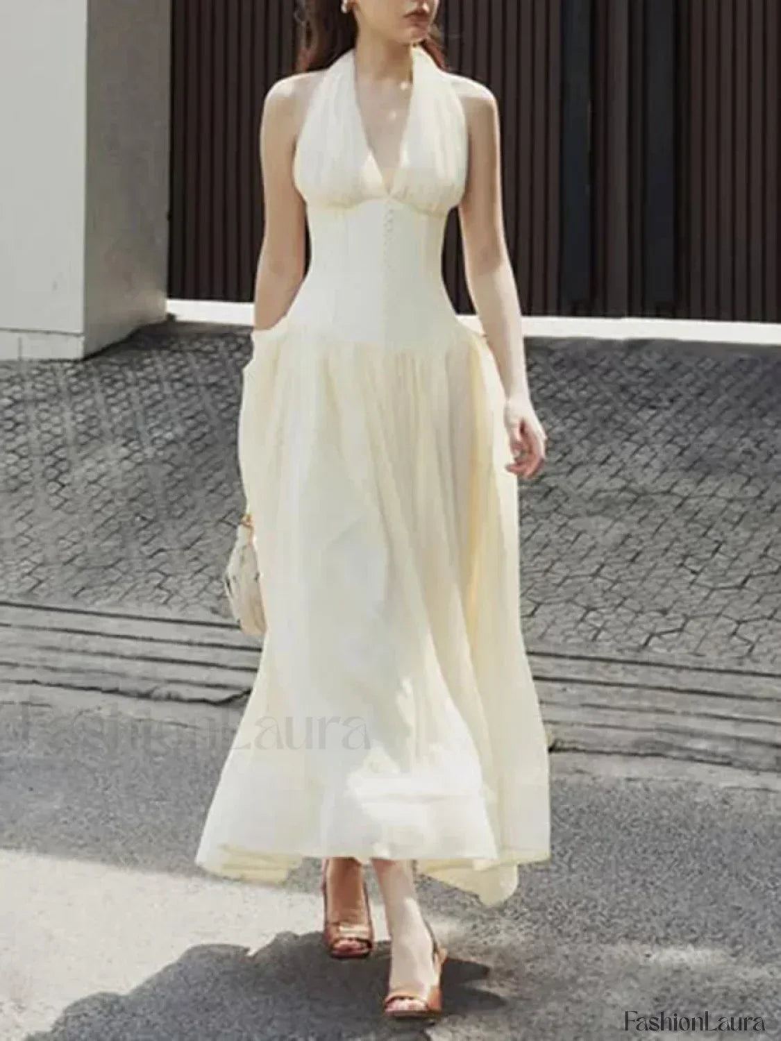 Apricot Buttoned Patchwork V-Neck Maxi Dress 14