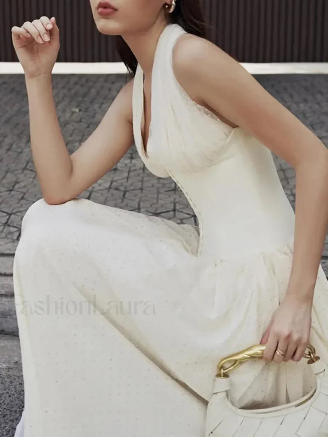 Apricot Buttoned Patchwork V-Neck Maxi Dress 2