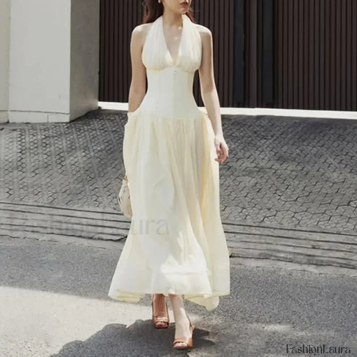 Apricot Buttoned Patchwork V-Neck Maxi Dress 15