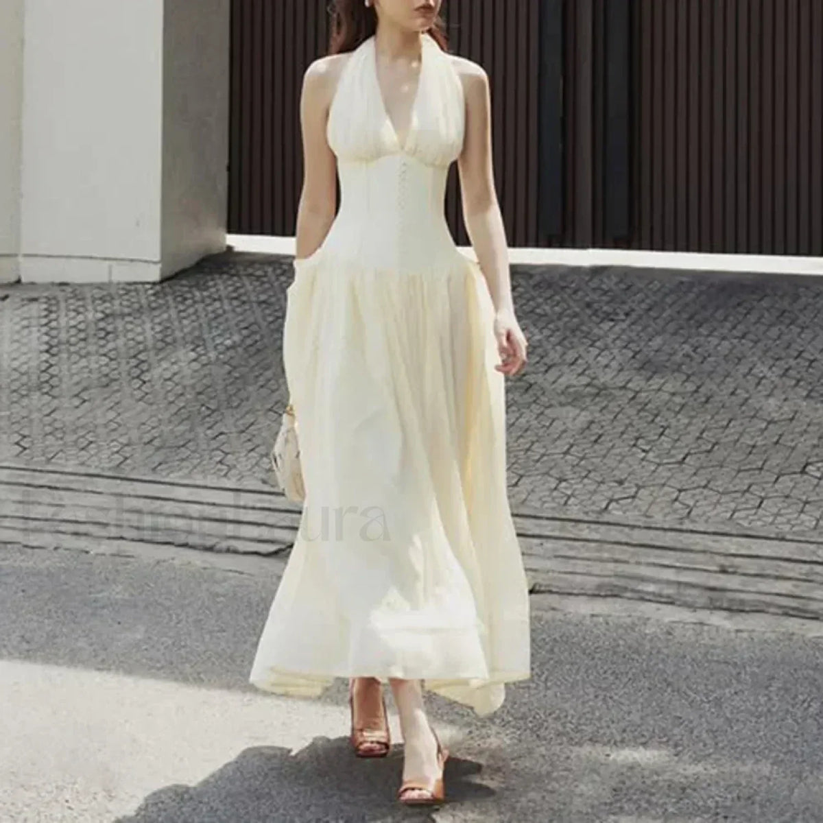 Apricot Buttoned Patchwork V-Neck Maxi Dress 7
