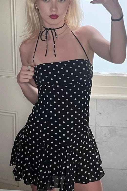 Polka Dot Halter Neck Flounce Hem Mini Dress 2