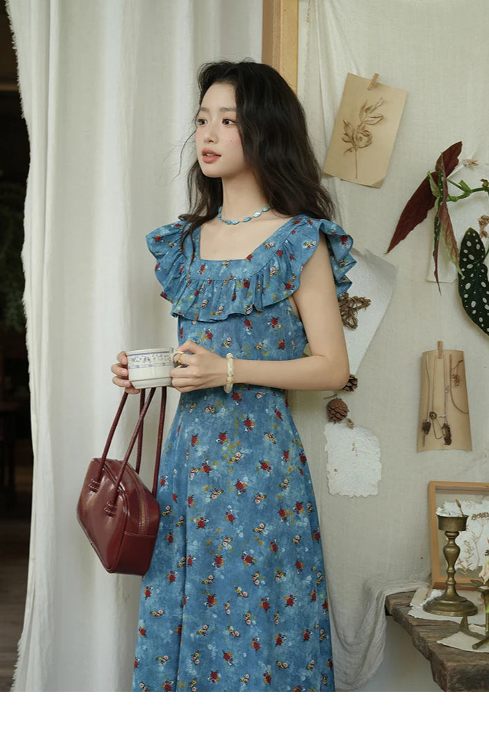 Floral Print Ruffle Trim V-Neck Cap Sleeve Fit and Flare Maxi Summer Dress 4