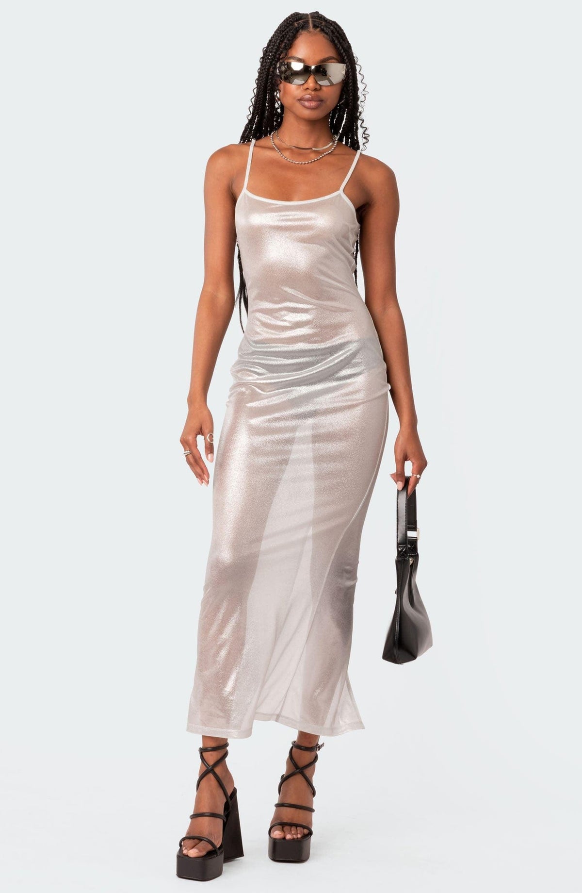 Sheer Metallic Mesh Long Sleeve High Neck Maxi Dress 9