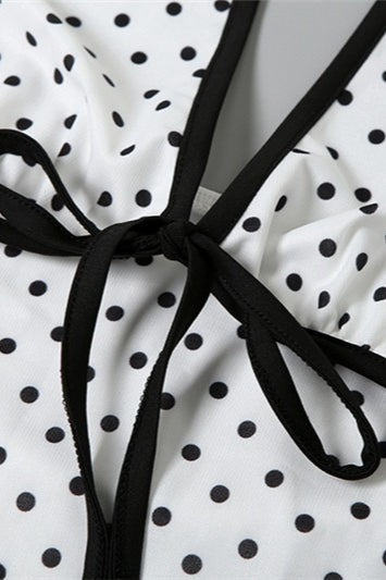 Polka Dot Halter Neck Deep V-Neck Bow Tie Sheer Overlay Maxi Dress 4