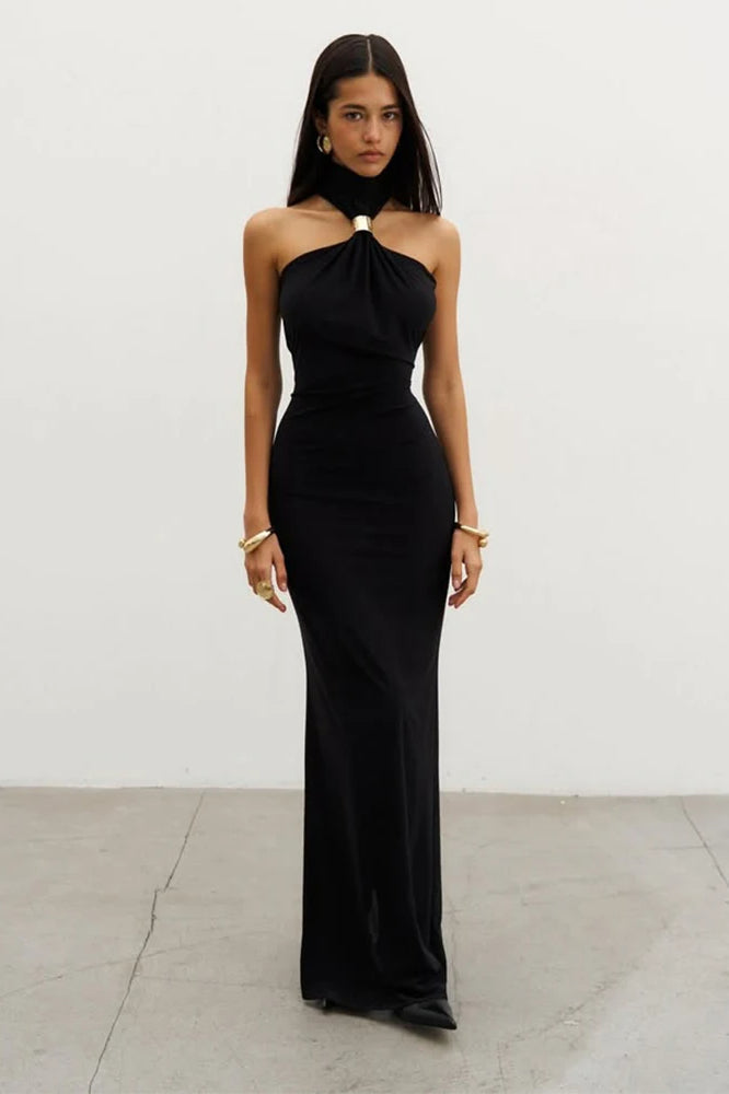 Halter Neck Metal Ring Keyhole Draped Ruched Column Maxi Dress