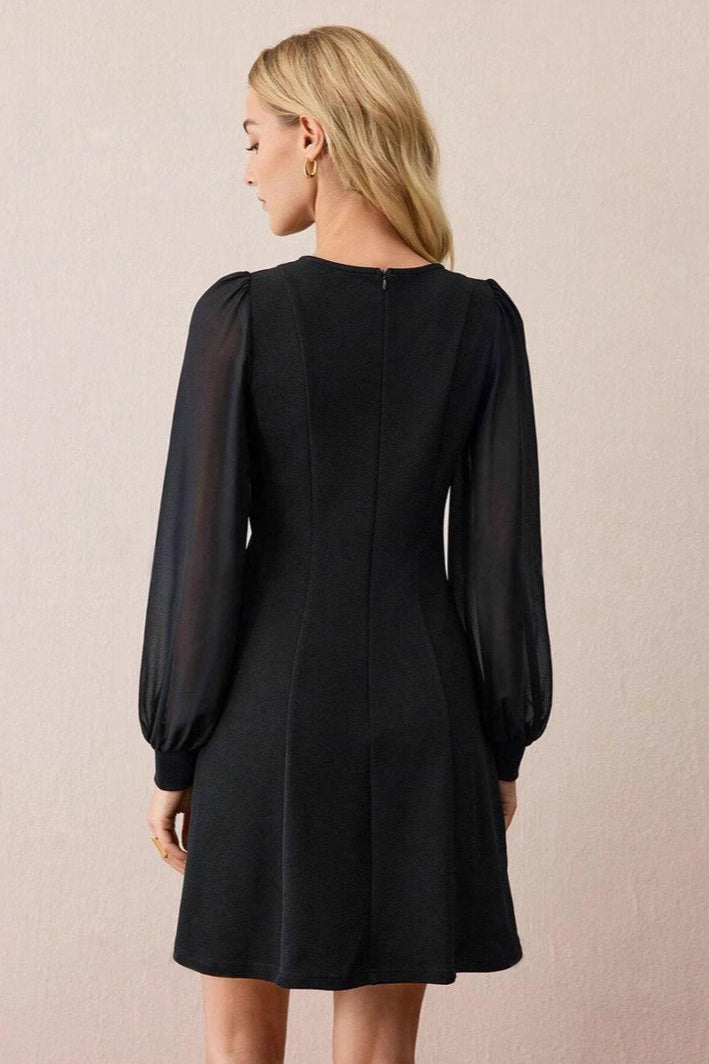 Crew Neck Sheer Puff Sleeve Asymmetric Button Detail A Line Mini Dress 2