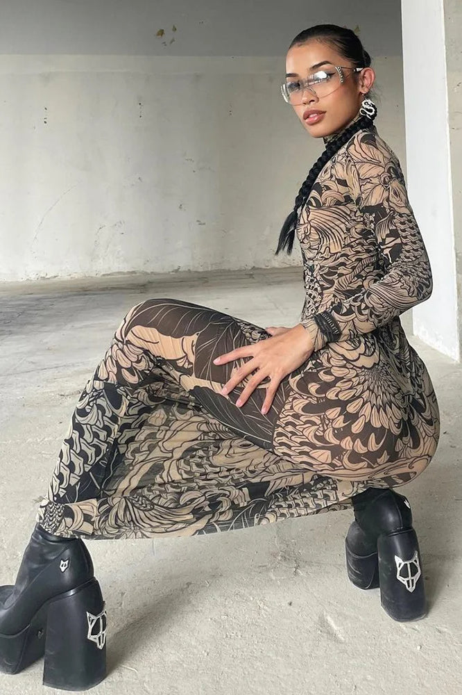 Mock Neck Long Sleeve Koi Fish Tattoo Print Mesh Bodycon Maxi Dress 3