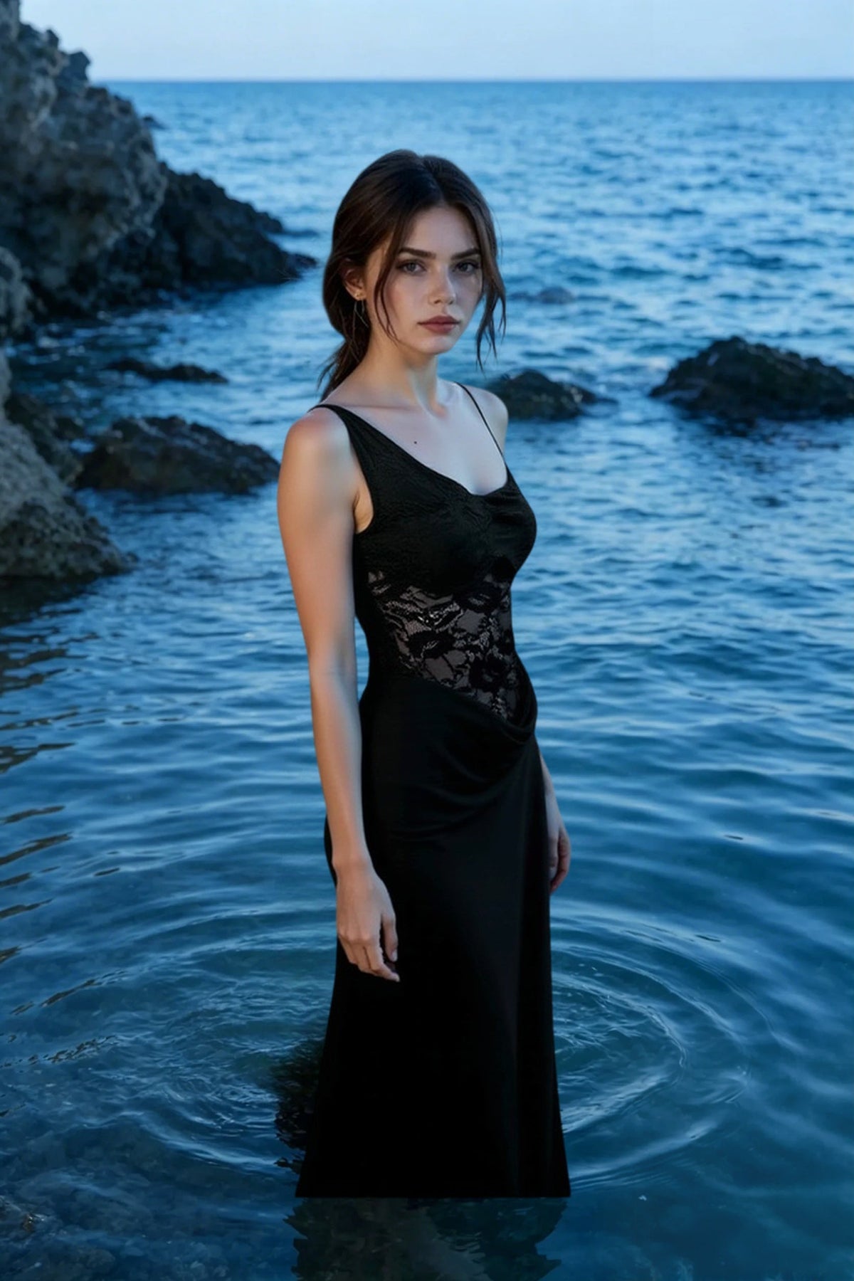 Spaghetti Strap Lace Waist Panel Scoop Neck Bodycon Maxi Dress