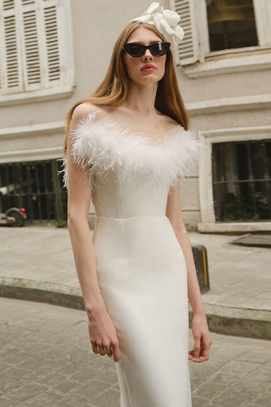 Feather Trim Strapless Bodycon Midi Dress