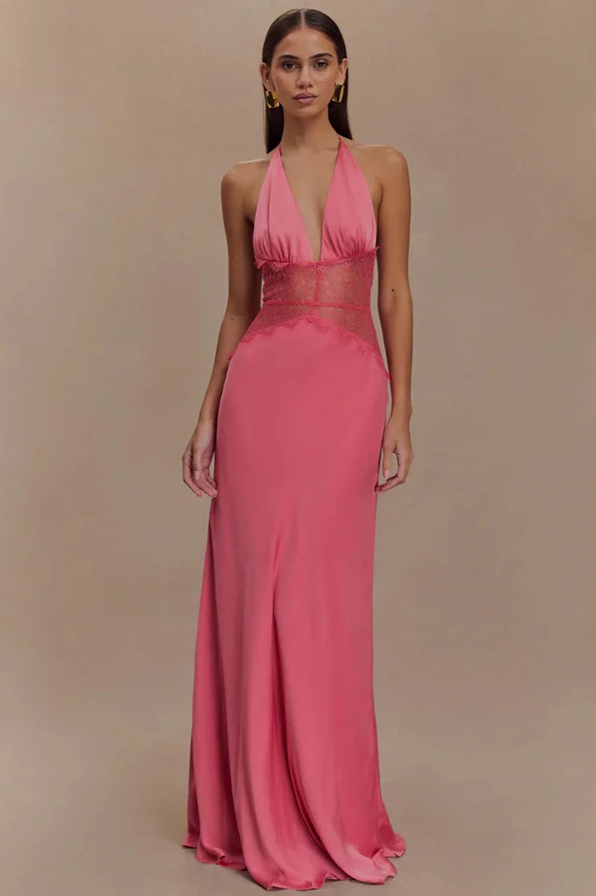 Lace Patchwork Backless Halter Dress 37