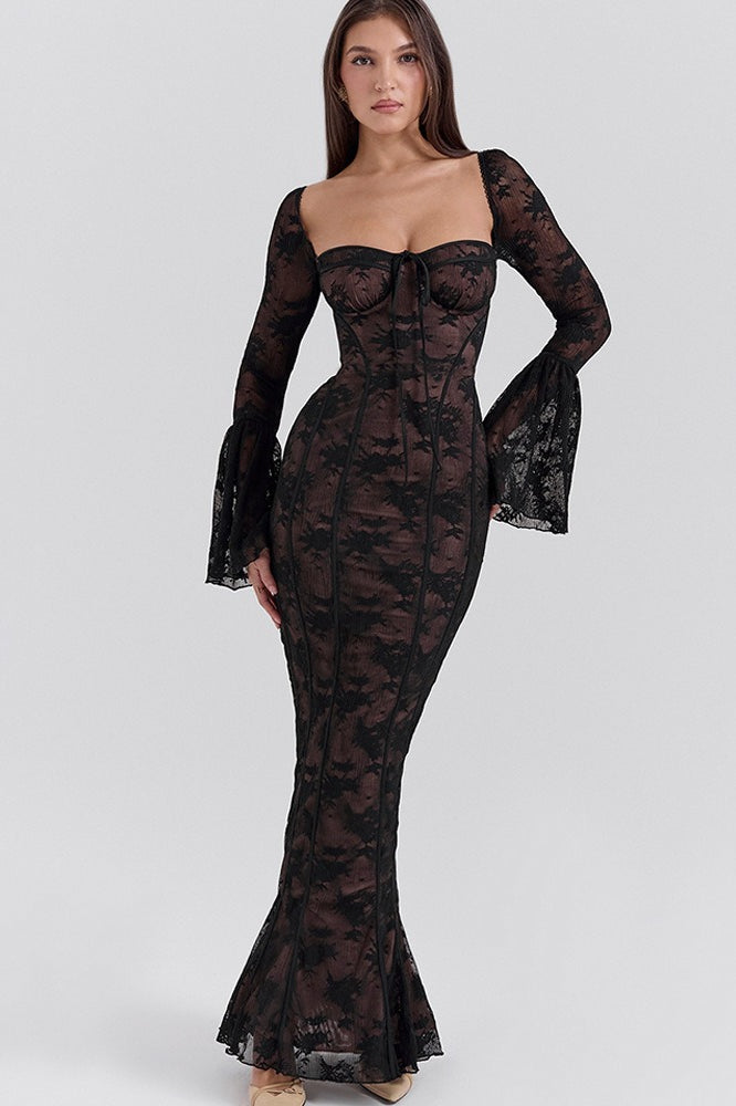 Lace Square Neck Milkmaid Tie Front Corset Seam Bell Sleeve Mermaid Maxi Dress 9