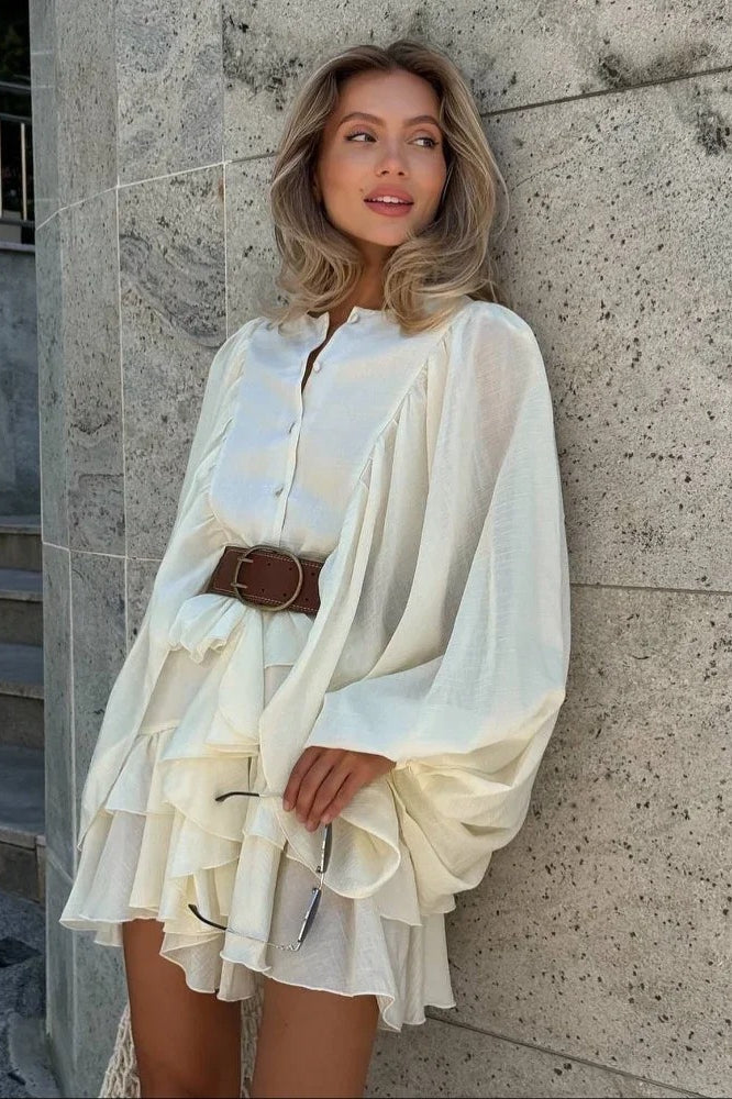 Button Front Round Neck Lantern Sleeve Tiered Ruffle Mini Dress 2