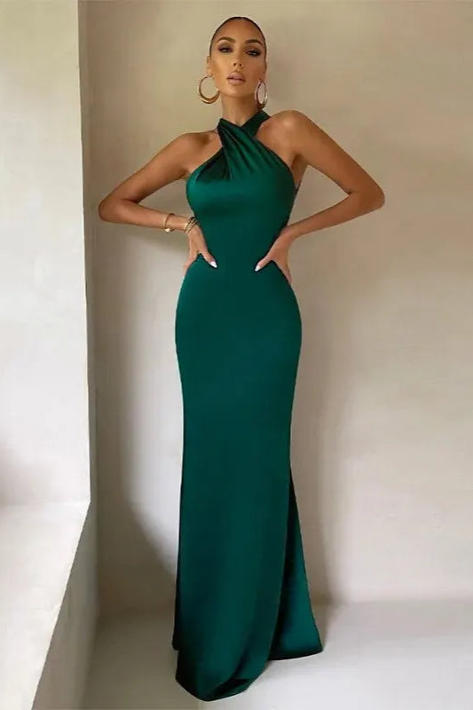 Crossover Halter Neck Mermaid Satin Maxi Gown 6