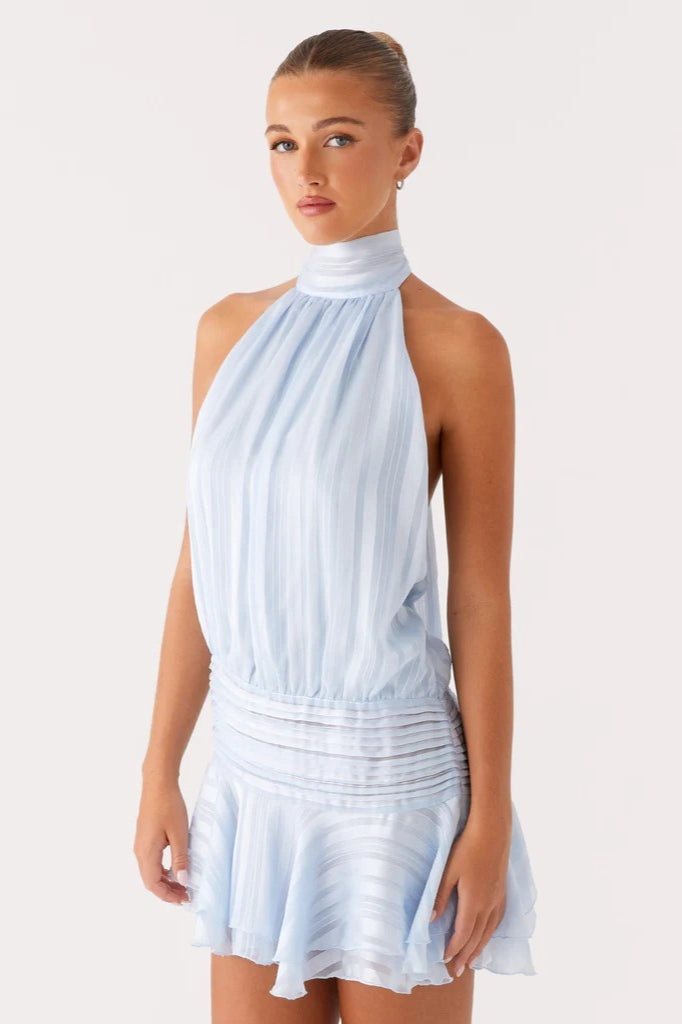 Jacquard Stripe Halter Neck Smocked Waist Tiered Ruffle Mini Dress 17