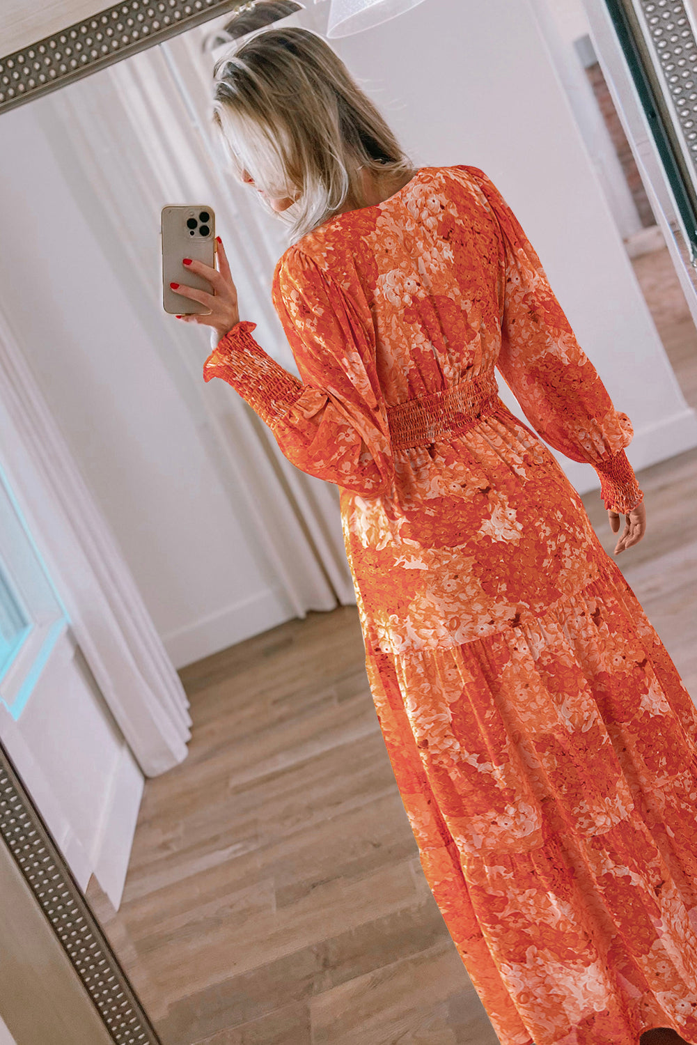 Floral Print Smocked Waist V-Neck Bishop Sleeve Tiered Maxi Dress 2