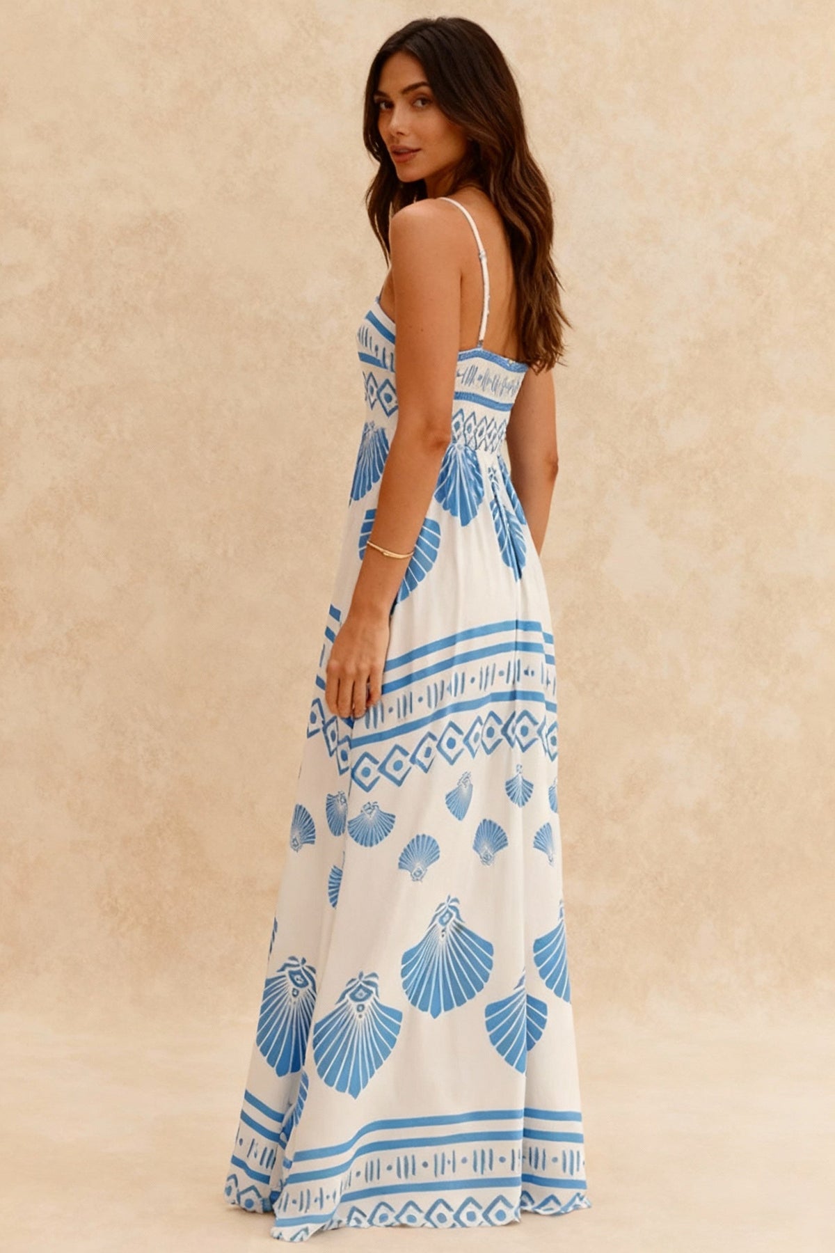 Shell Print Square Neck Spaghetti Strap A-Line Maxi Summer Dress 3