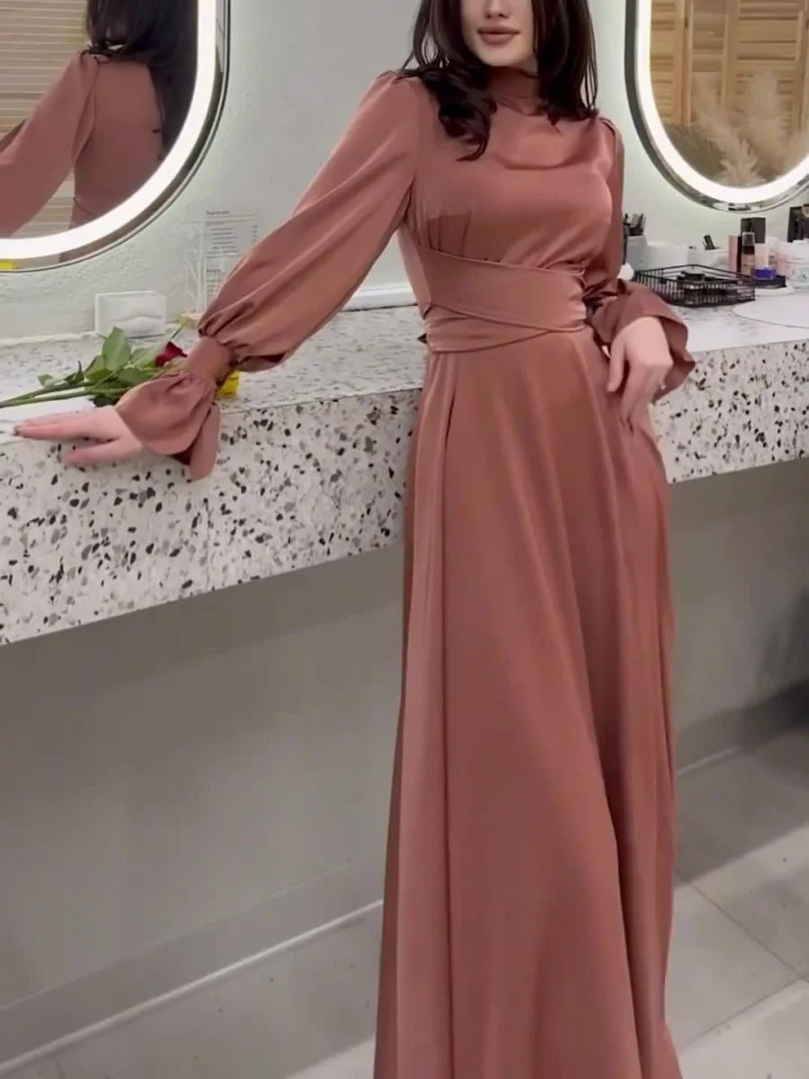 Satin Mock Neck Puff Sleeve Button Cuff Tie Waist Maxi Dress 3